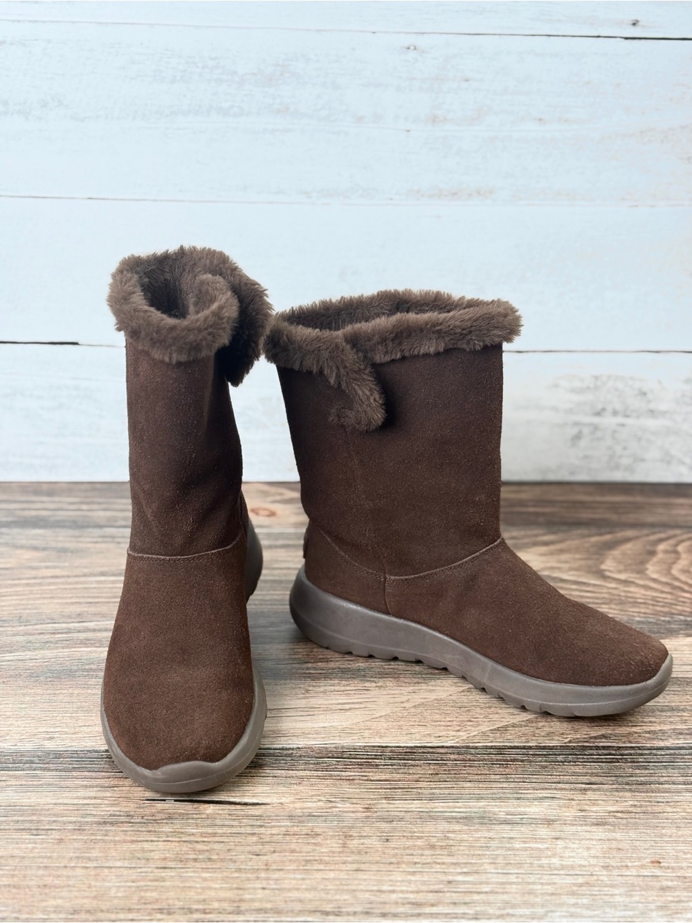 SKECHERS Air Cooled Goga Mat Brown Leather Faux Fur Lined Mid-Calf Boots 7.5